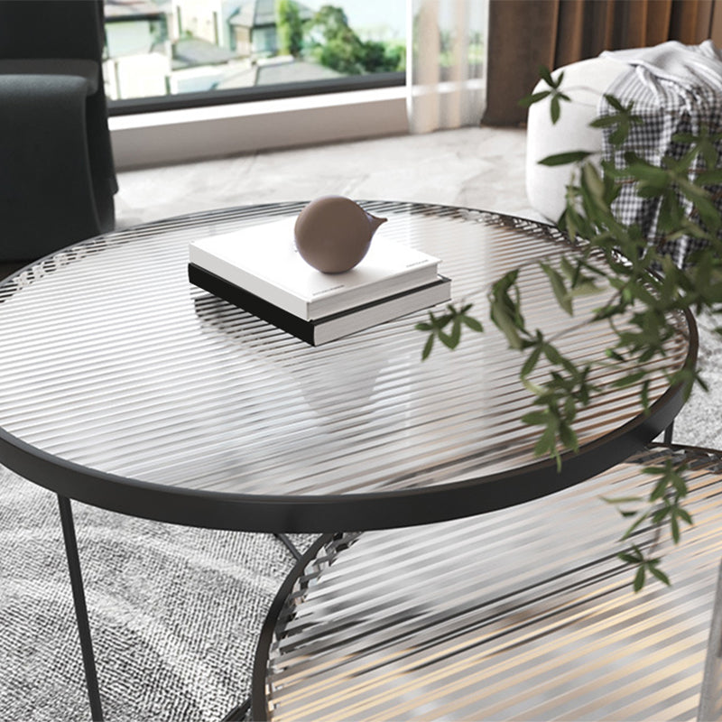 Contemporary Round Glass Top Metal Cross Legs Nesting Coffee Table