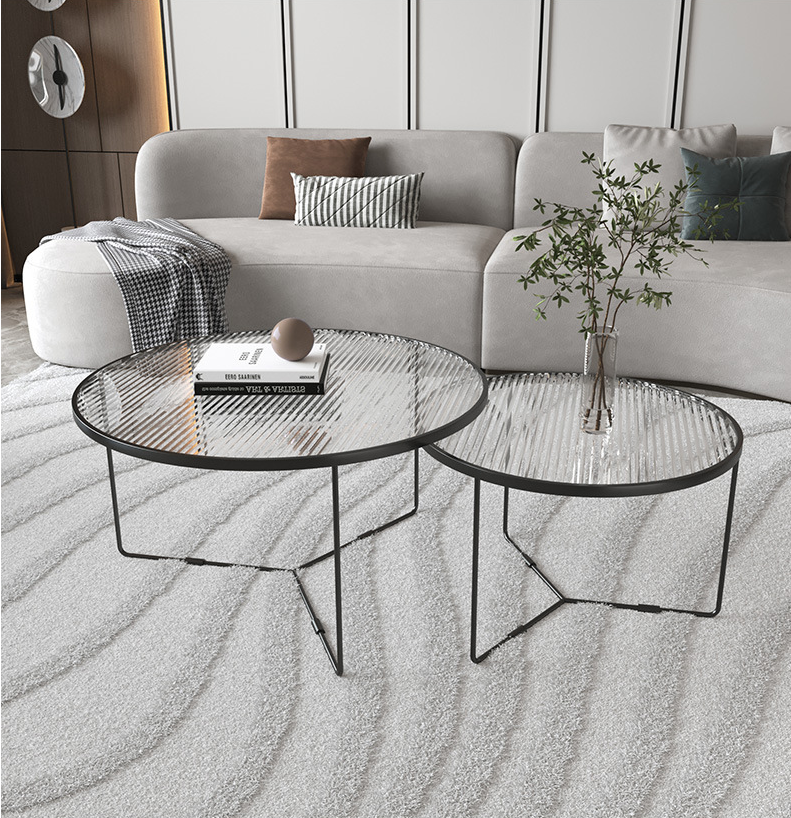 Contemporary Round Glass Top Metal Cross Legs Nesting Coffee Table