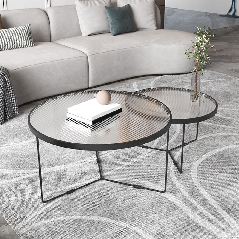 Contemporary Round Glass Top Metal Cross Legs Nesting Coffee Table