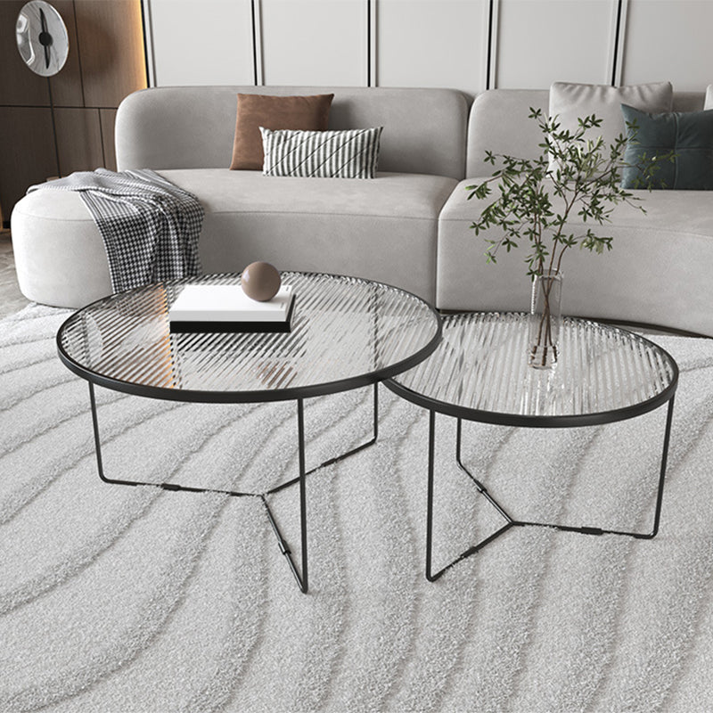 Contemporary Round Glass Top Metal Cross Legs Nesting Coffee Table