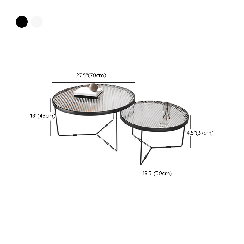 Contemporary Round Glass Top Metal Cross Legs Nesting Coffee Table