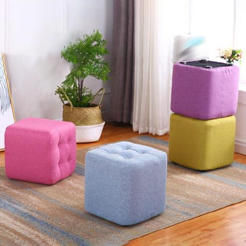 Modern Pouf Ottoman Fabric Upholstered Tufted Solid Color Square Ottoman
