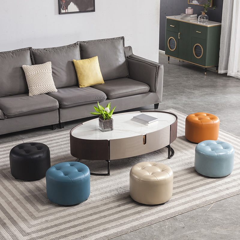 Modern Pouf Ottoman Faux Leather Upholstered Tufted Solid Color Cylinder Shape Ottoman