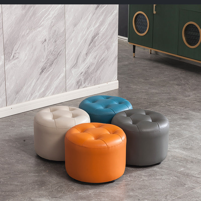 Modern Pouf Ottoman Faux Leather Upholstered Tufted Solid Color Cylinder Shape Ottoman