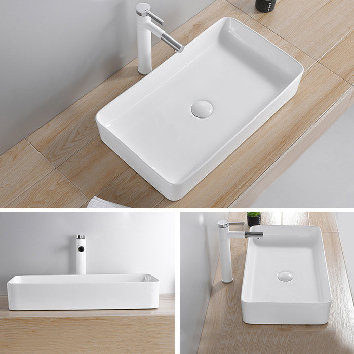 Modern Wash Stand Porcelain Rectangular with Drain Assembly and Pop-Up Drain Vessel Sink