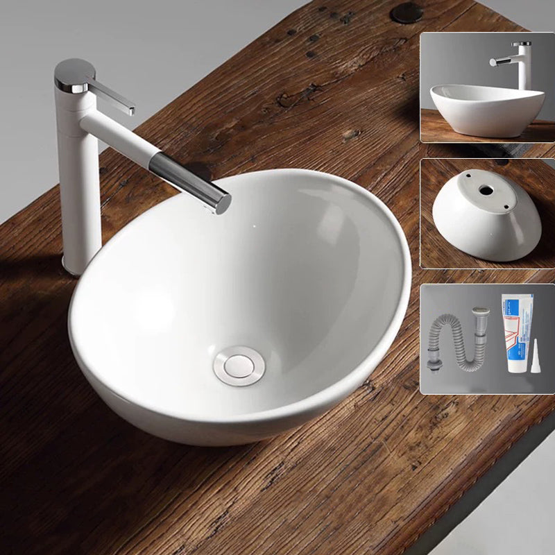 Modern Vessel Bathroom Sink Porcelain Oval with Pop-Up Drain Bathroom Sink