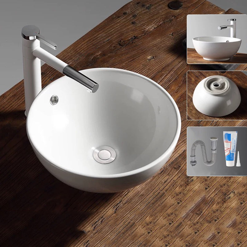 Modern Vessel Bathroom Sink Porcelain Oval with Pop-Up Drain Bathroom Sink