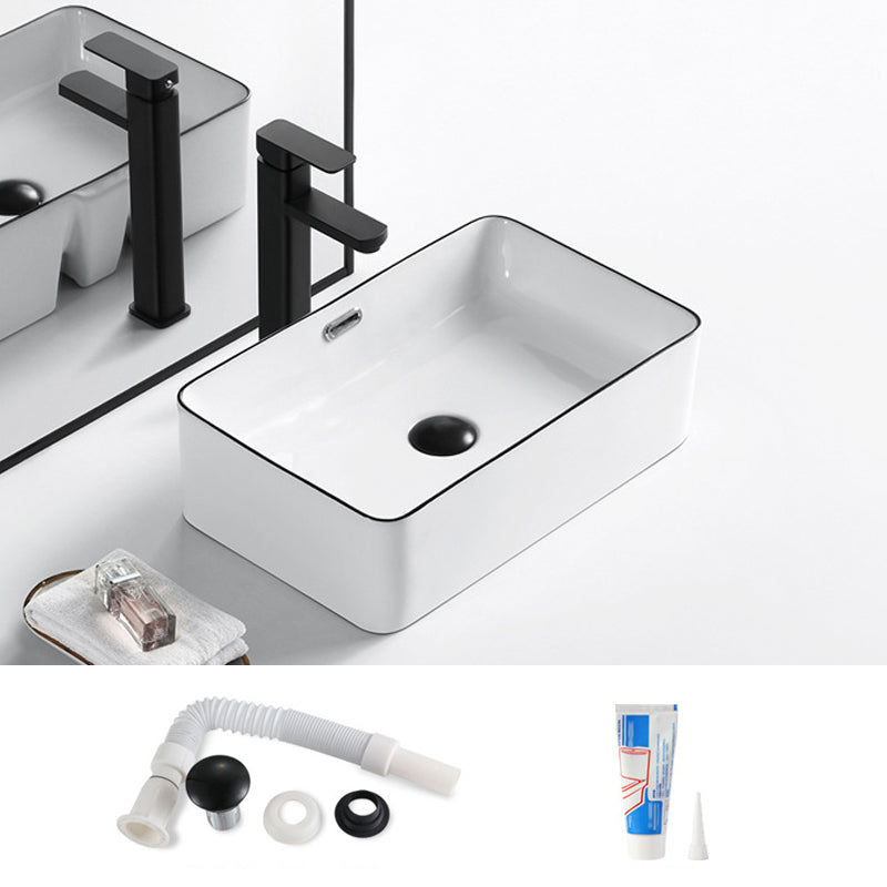 Modern Bathroom Sink Porcelain Rectangular with Overflow and Drain Assembly Basin Sink