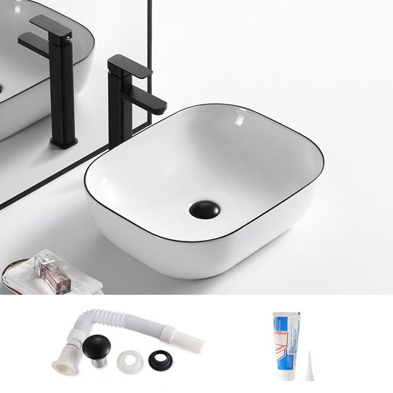 Modern Bathroom Sink Porcelain Rectangular with Overflow and Drain Assembly Basin Sink