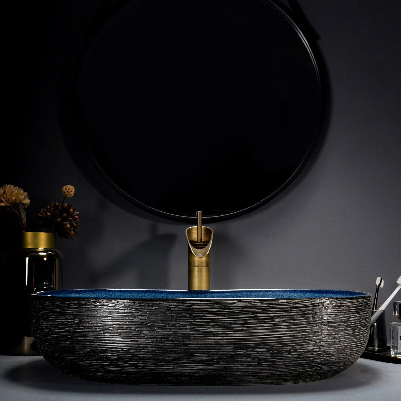 Modern Bathroom Sink Vitreous China Hand Painted Oval Vessel Lavatory Sink