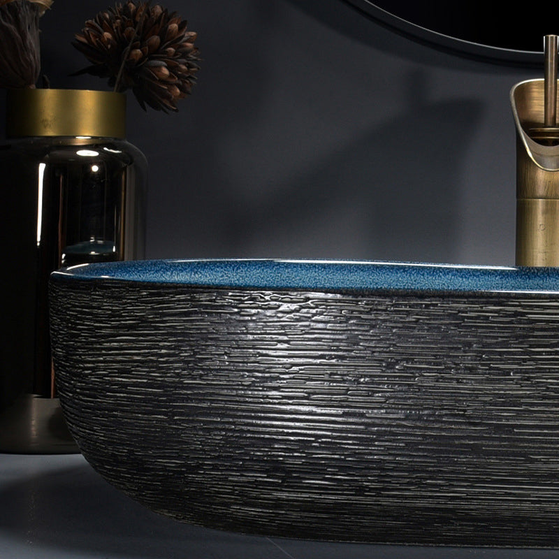 Modern Bathroom Sink Vitreous China Hand Painted Oval Vessel Lavatory Sink