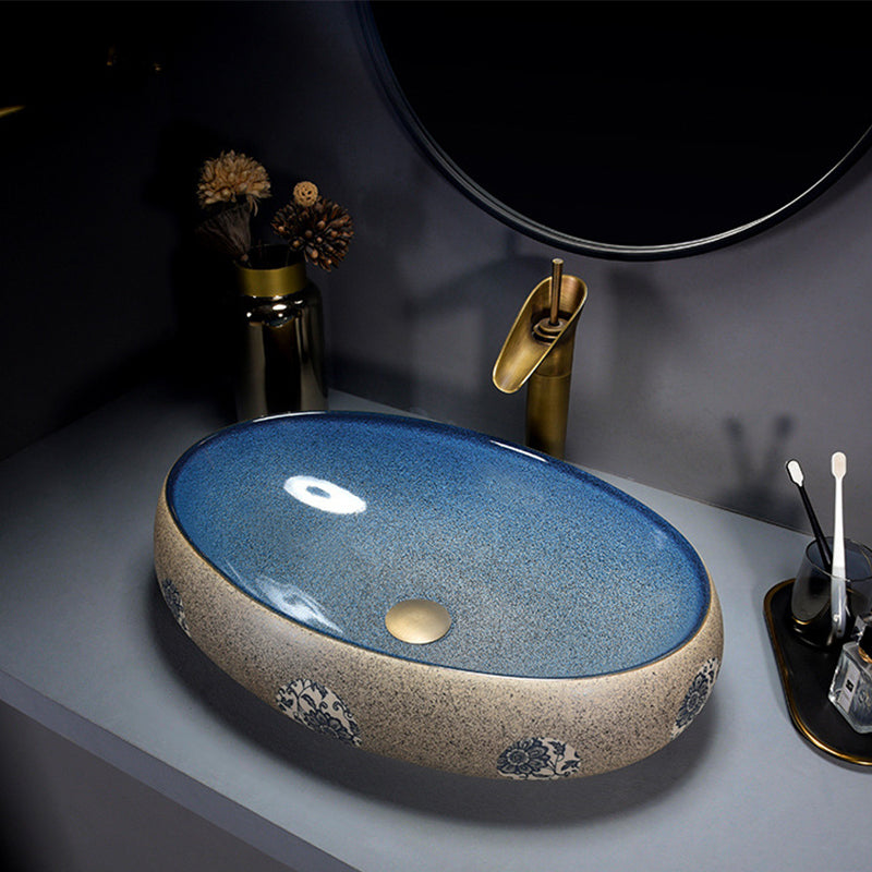 Modern Bathroom Sink Vitreous China Hand Painted Oval Vessel Lavatory Sink