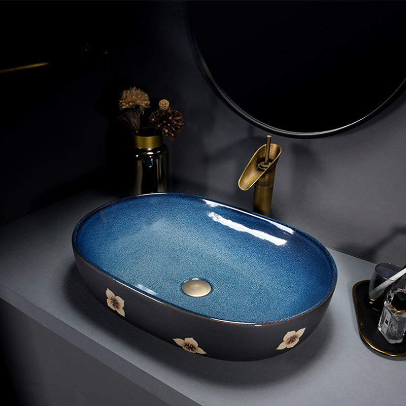 Modern Bathroom Sink Vitreous China Hand Painted Oval Vessel Lavatory Sink