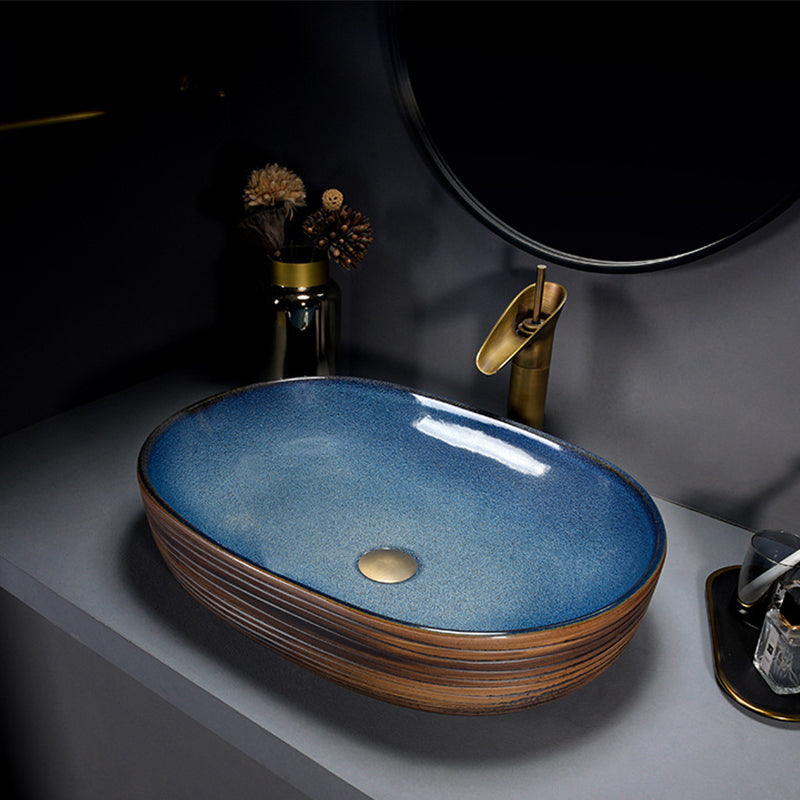 Modern Bathroom Sink Vitreous China Hand Painted Oval Vessel Lavatory Sink