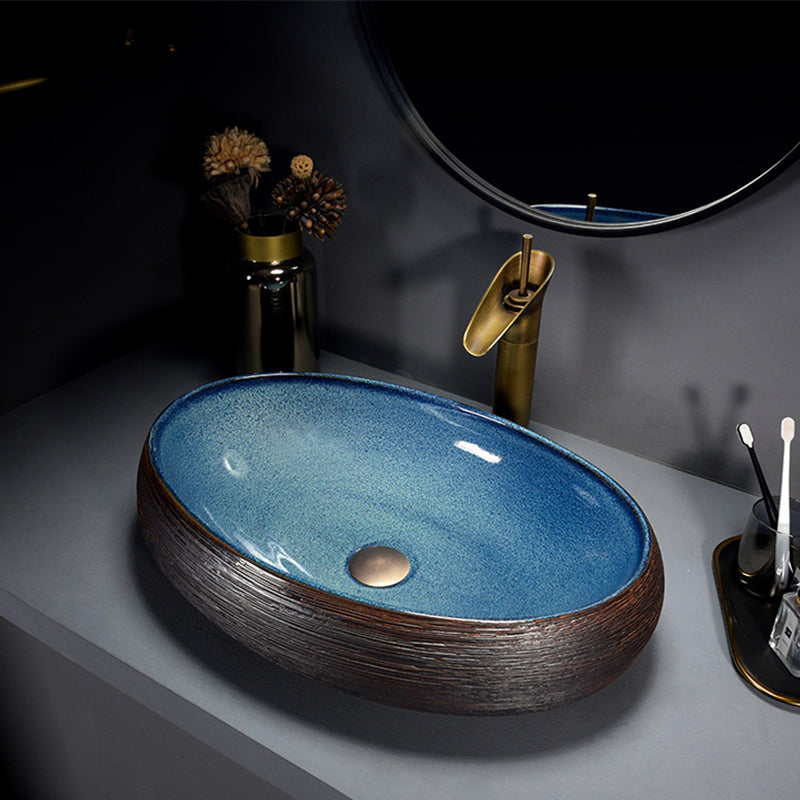 Modern Bathroom Sink Vitreous China Hand Painted Oval Vessel Lavatory Sink
