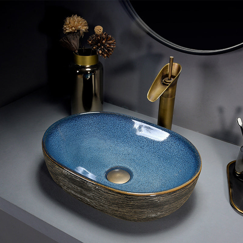 Modern Bathroom Sink Vitreous China Hand Painted Oval Vessel Lavatory Sink