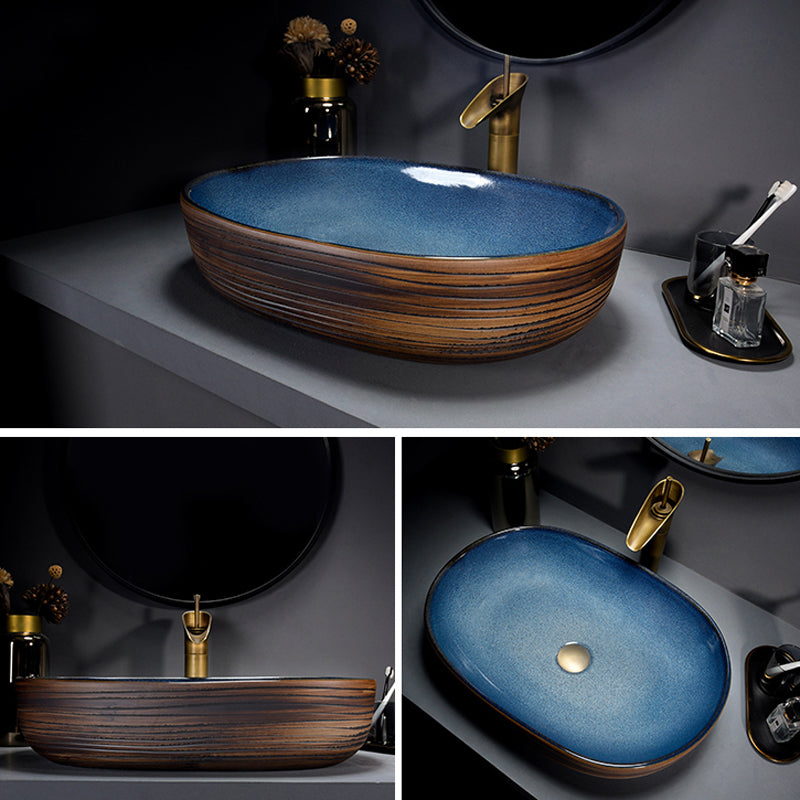 Modern Bathroom Sink Vitreous China Hand Painted Oval Vessel Lavatory Sink