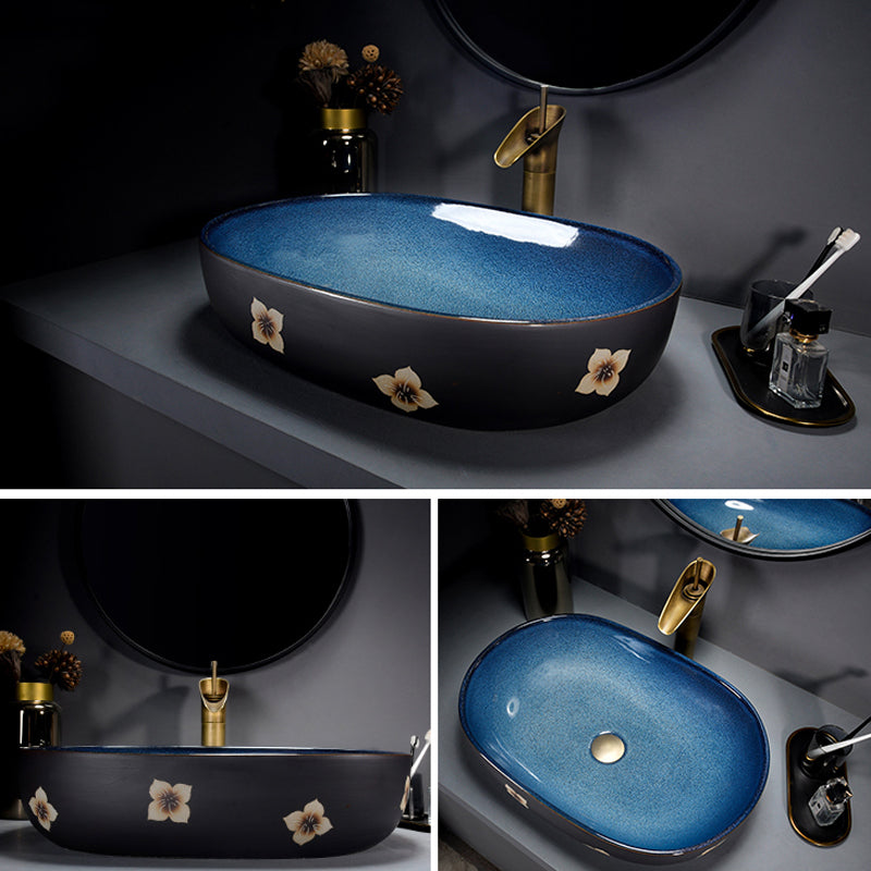 Modern Bathroom Sink Vitreous China Hand Painted Oval Vessel Lavatory Sink