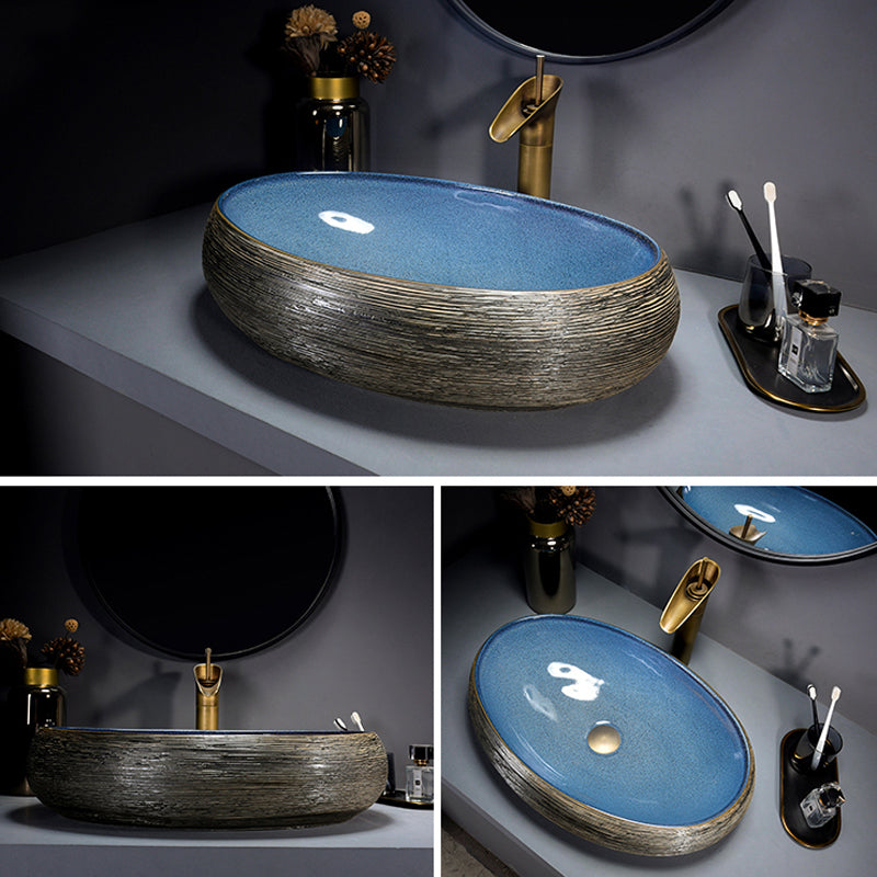 Modern Bathroom Sink Vitreous China Hand Painted Oval Vessel Lavatory Sink