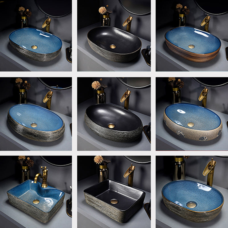 Modern Bathroom Sink Vitreous China Hand Painted Oval Vessel Lavatory Sink