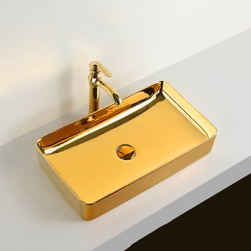 Modern Bathroom Sink Metal Rectangular with Pop-Up Drain and Faucet Vessel Bathroom Sink