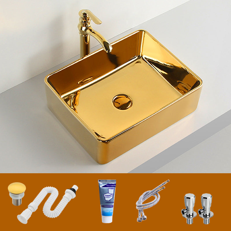 Modern Bathroom Sink Metal Rectangular with Pop-Up Drain and Faucet Vessel Bathroom Sink