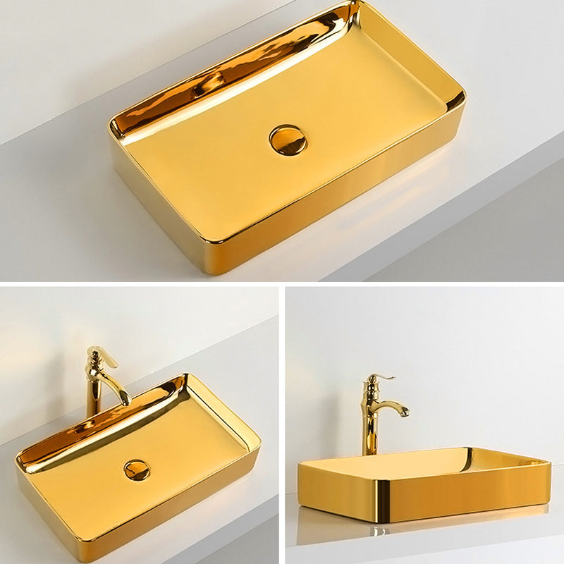 Modern Bathroom Sink Metal Rectangular with Pop-Up Drain and Faucet Vessel Bathroom Sink