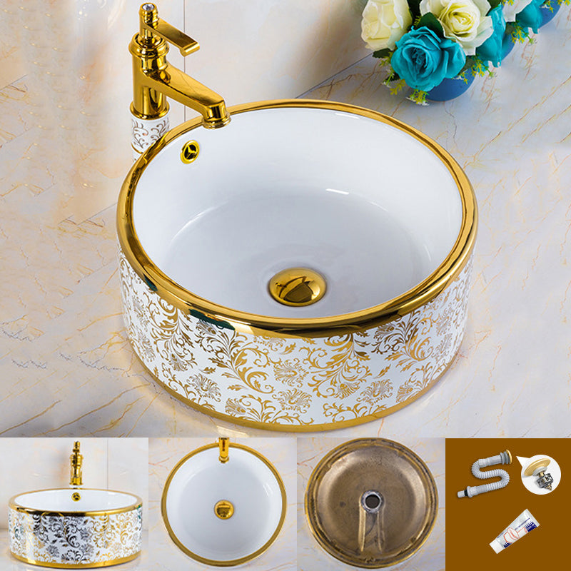 Modern Bathroom Sink Porcelain Round Hand Painted with Overflow and Faucet Wash Stand