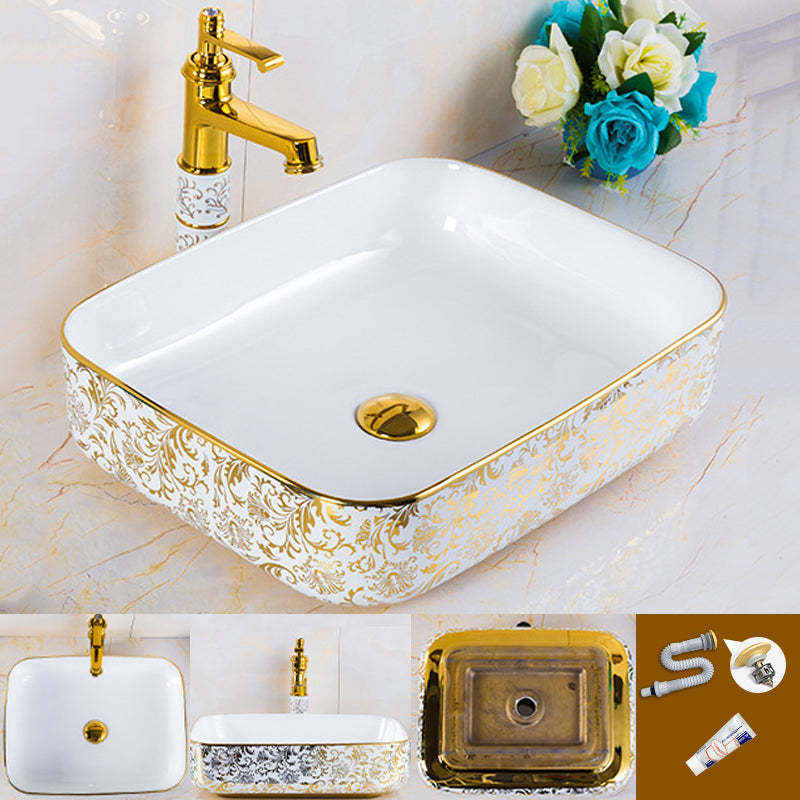 Modern Bathroom Sink Porcelain Round Hand Painted with Overflow and Faucet Wash Stand