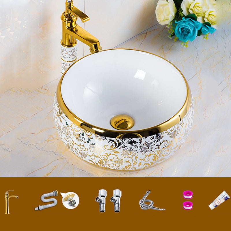 Modern Bathroom Sink Porcelain Round Hand Painted with Overflow and Faucet Wash Stand