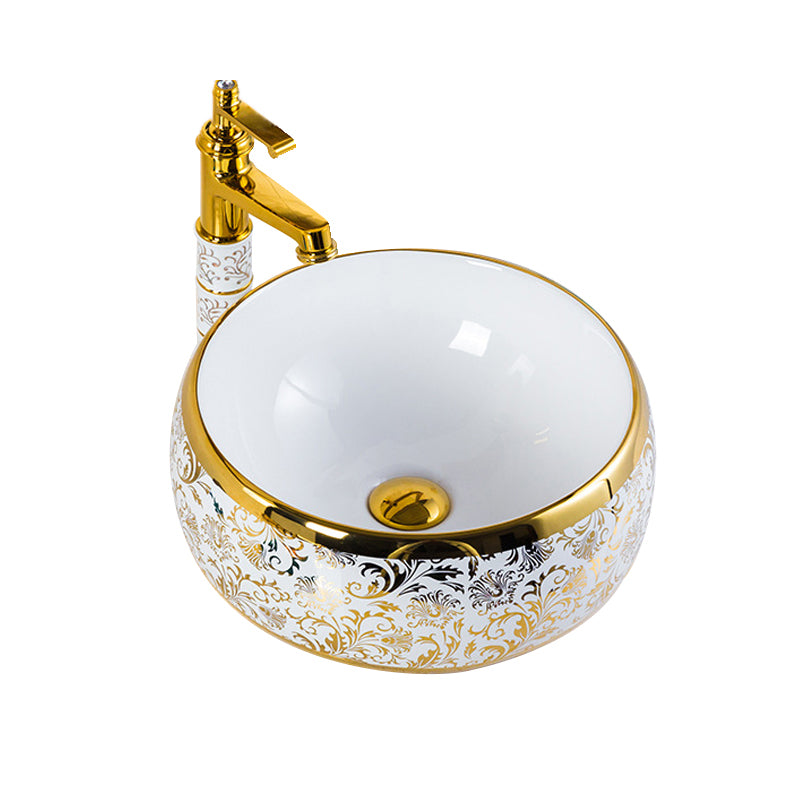 Modern Bathroom Sink Porcelain Round Hand Painted with Overflow and Faucet Wash Stand