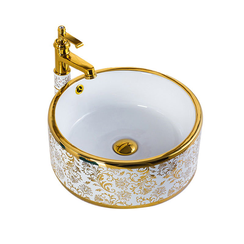 Modern Bathroom Sink Porcelain Round Hand Painted with Overflow and Faucet Wash Stand