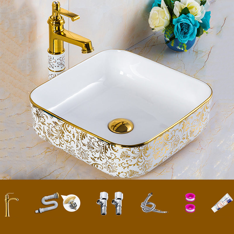 Modern Bathroom Sink Porcelain Round Hand Painted with Overflow and Faucet Wash Stand