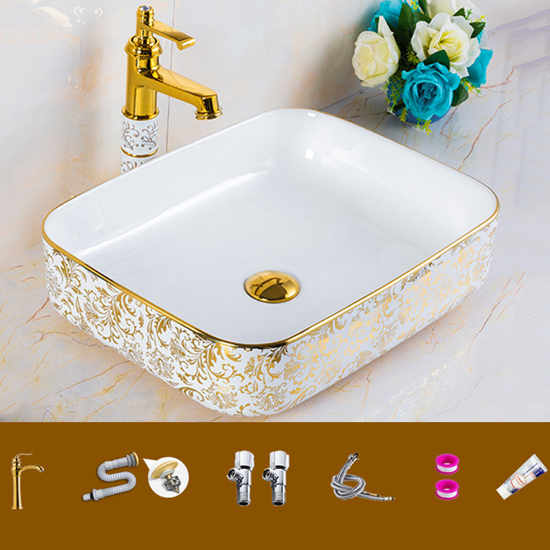 Modern Bathroom Sink Porcelain Round Hand Painted with Overflow and Faucet Wash Stand