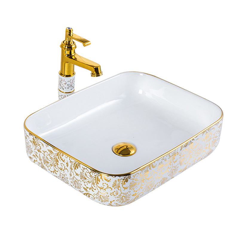 Modern Bathroom Sink Porcelain Round Hand Painted with Overflow and Faucet Wash Stand