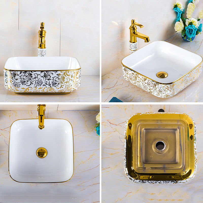 Modern Bathroom Sink Porcelain Round Hand Painted with Overflow and Faucet Wash Stand