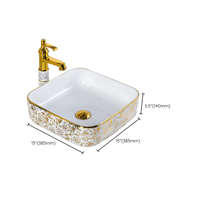 Modern Bathroom Sink Porcelain Round Hand Painted with Overflow and Faucet Wash Stand