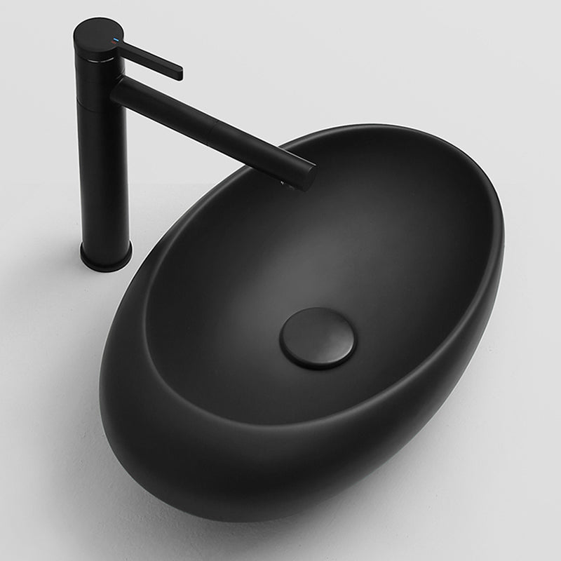 Modern Bathroom Sink Porcelain Oval with Pop-Up Drain and Faucet Vessel Lavatory Sink