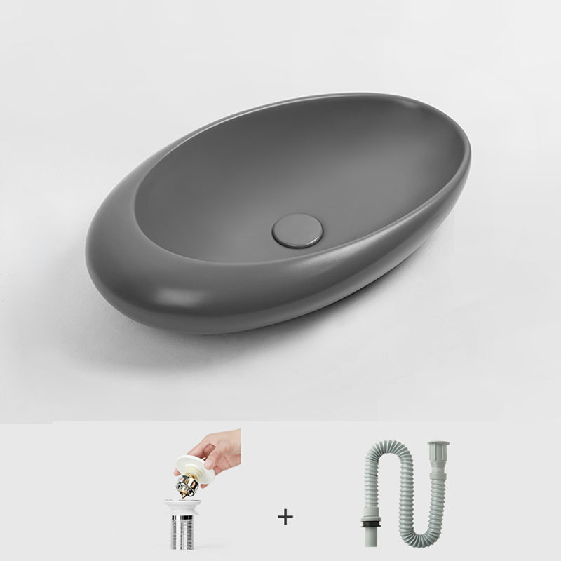 Modern Bathroom Sink Porcelain Oval with Pop-Up Drain and Faucet Vessel Lavatory Sink