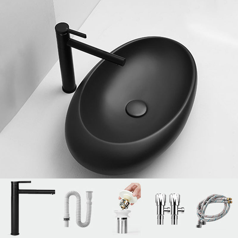 Modern Bathroom Sink Porcelain Oval with Pop-Up Drain and Faucet Vessel Lavatory Sink