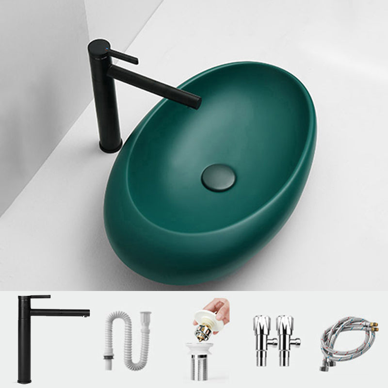 Modern Bathroom Sink Porcelain Oval with Pop-Up Drain and Faucet Vessel Lavatory Sink