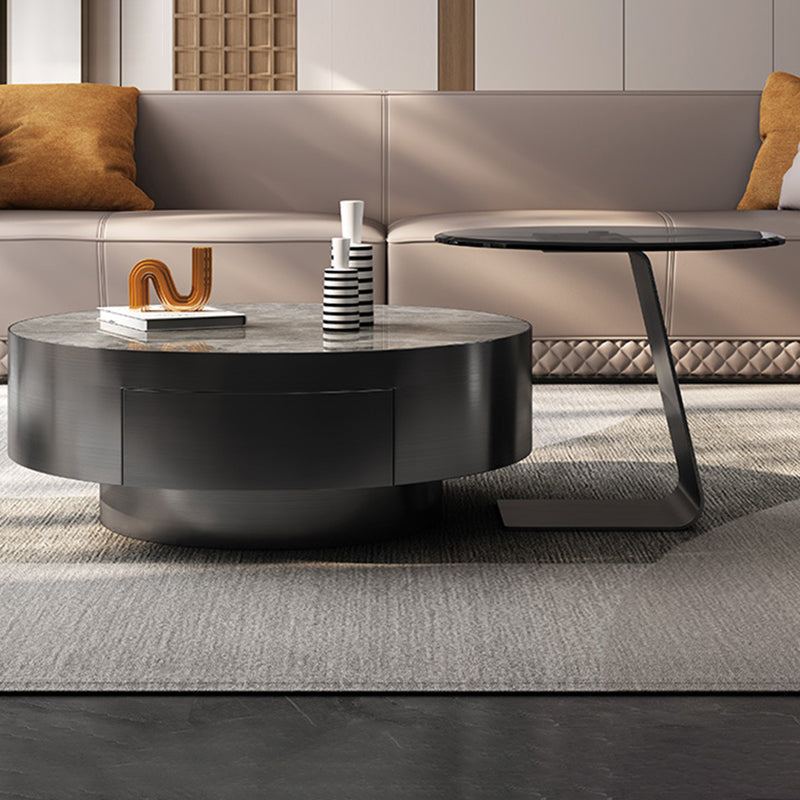 Glam Cocktail Table Drum Slate with Drawer Round Single Coffee Table