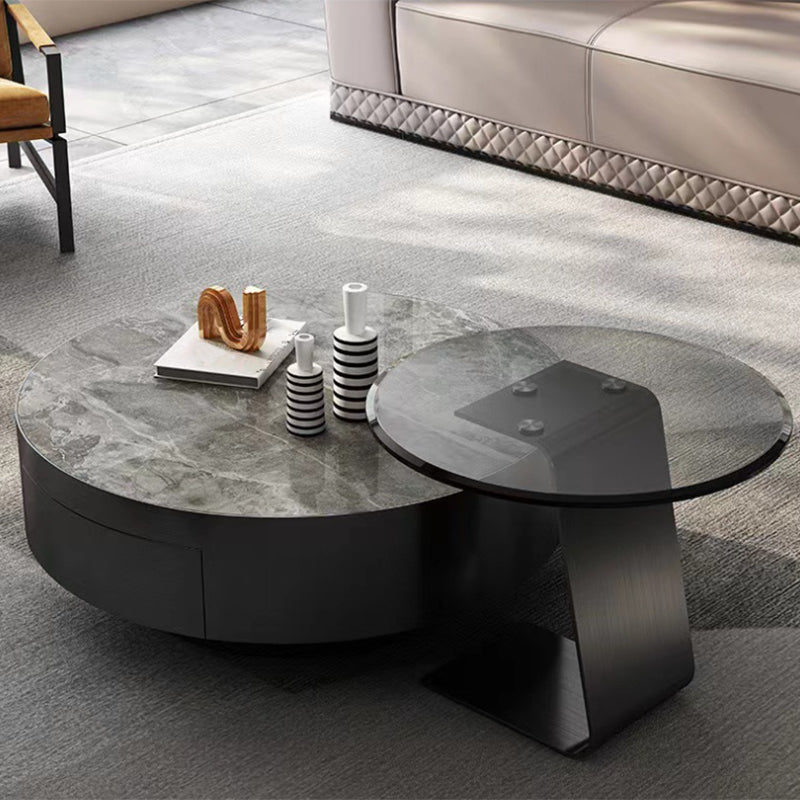 Glam Cocktail Table Drum Slate with Drawer Round Single Coffee Table