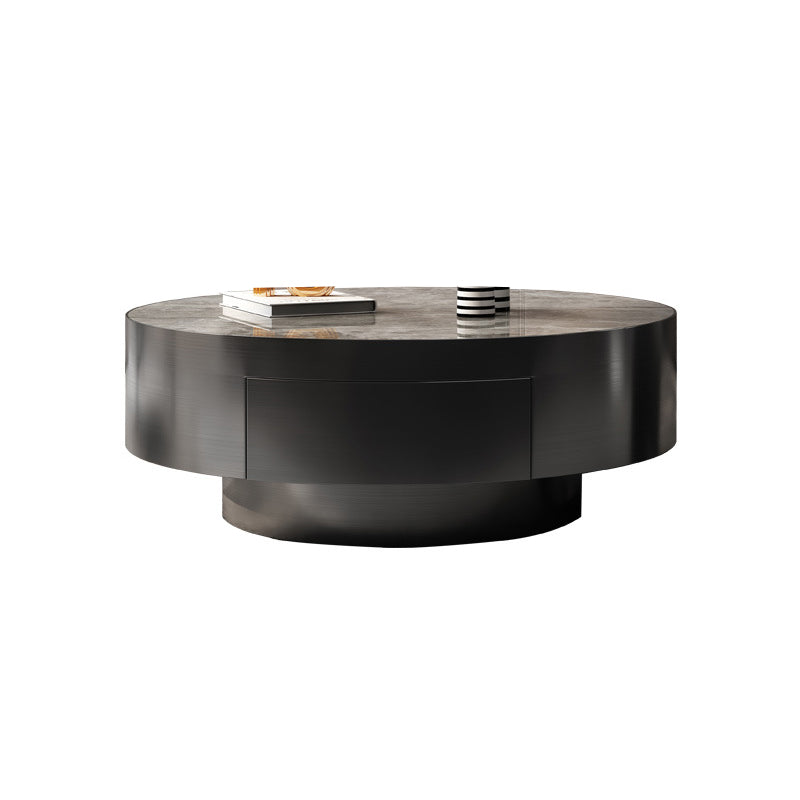 Glam Cocktail Table Drum Slate with Drawer Round Single Coffee Table