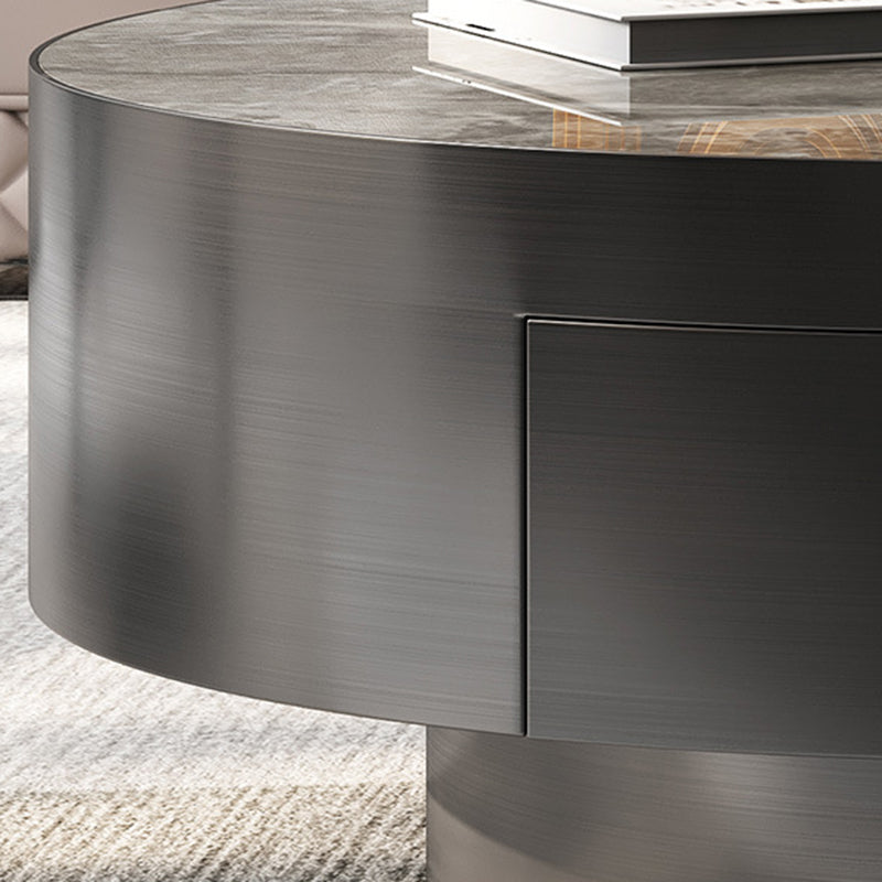 Glam Cocktail Table Drum Slate with Drawer Round Single Coffee Table