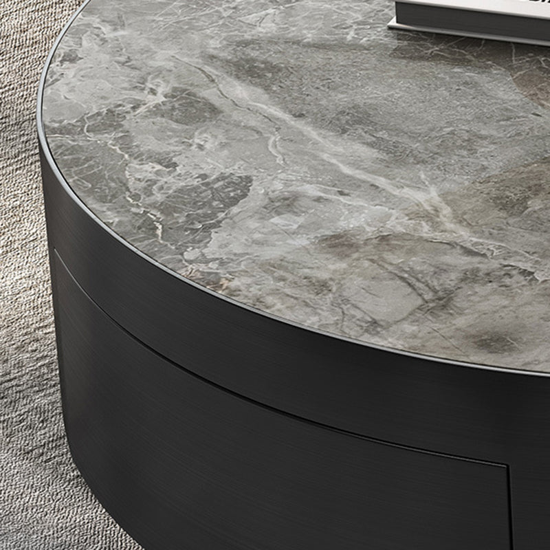 Glam Cocktail Table Drum Slate with Drawer Round Single Coffee Table
