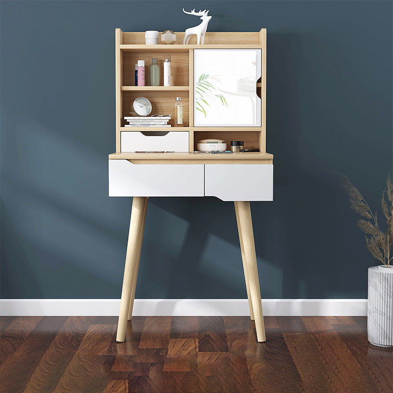 Scandinavian Vanity Table with Drawers and Shelves and Mirror