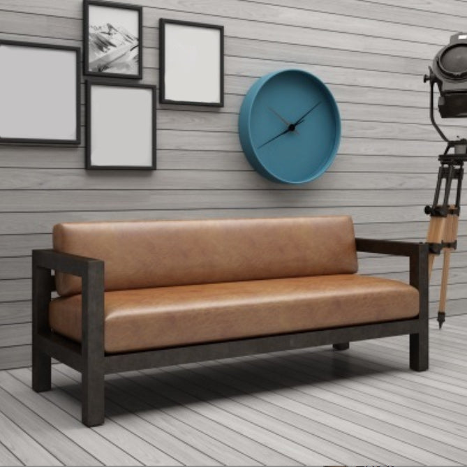 Contemporary Brown Leather Sofa with Black Square in Iron for Apartment