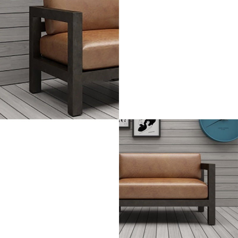Contemporary Brown Leather Sofa with Black Square in Iron for Apartment