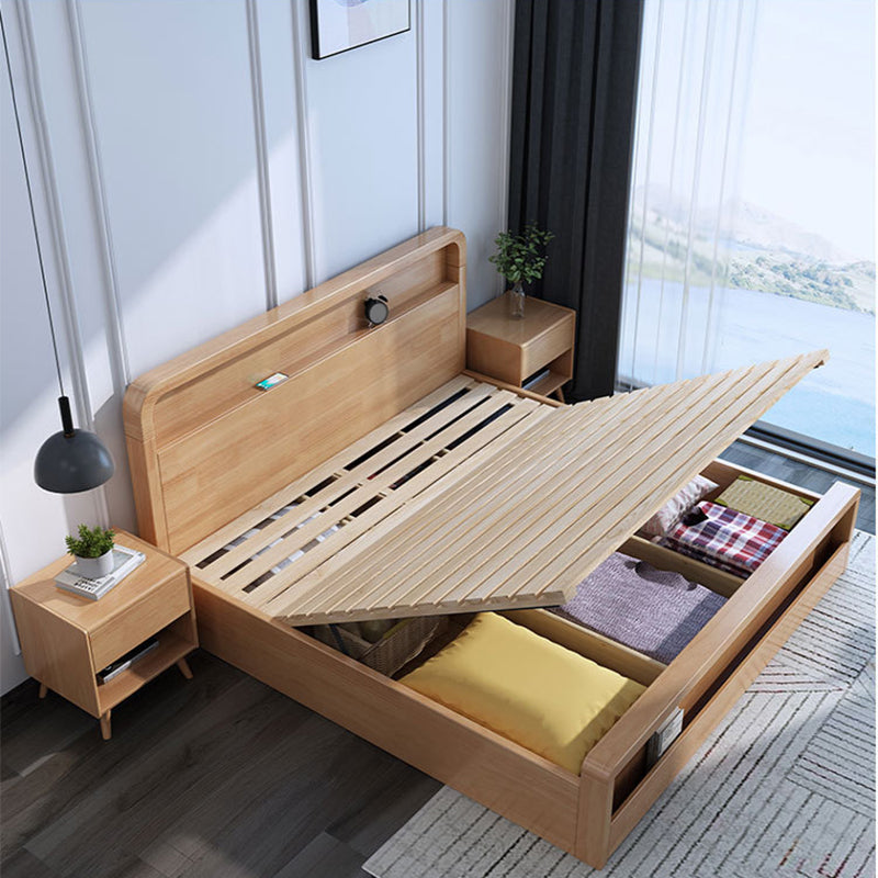 Storage Solid Wood Panel Bed Rubberwood Standard Bed with Headboard
